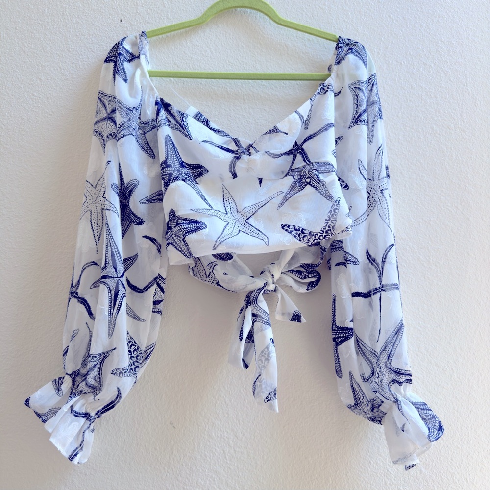 Long sleeve crop top with sea patterns White Size S